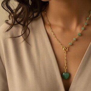 Aventurine Layering Necklace, Genuine Aventurine with Toggle Clasp Heart charm